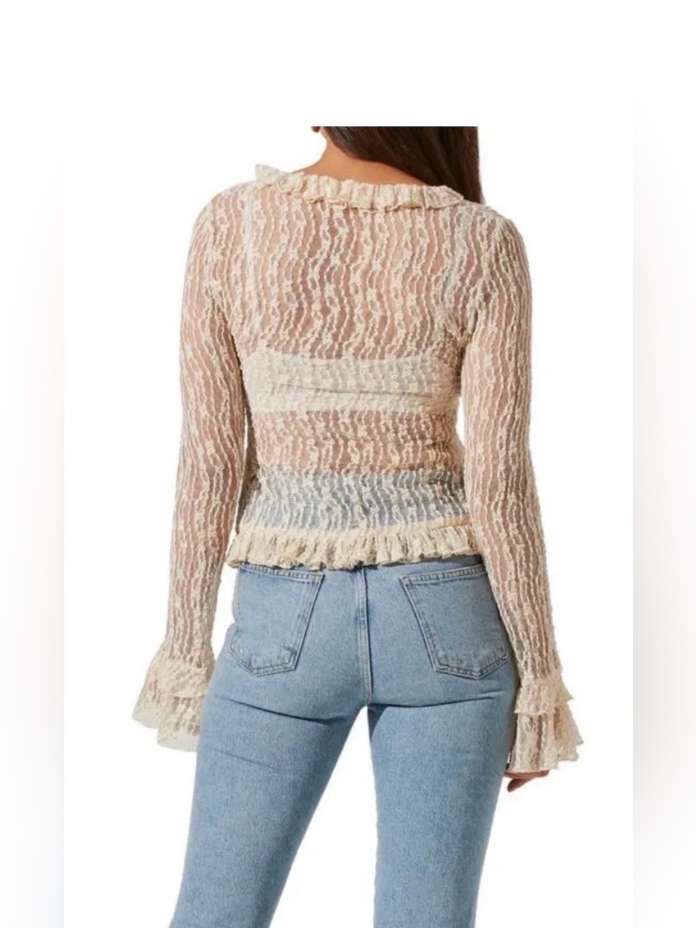 Astr Sheer Lace Ruffled Tie-Front Top - Cream. Size Small - Picture 4 of 10